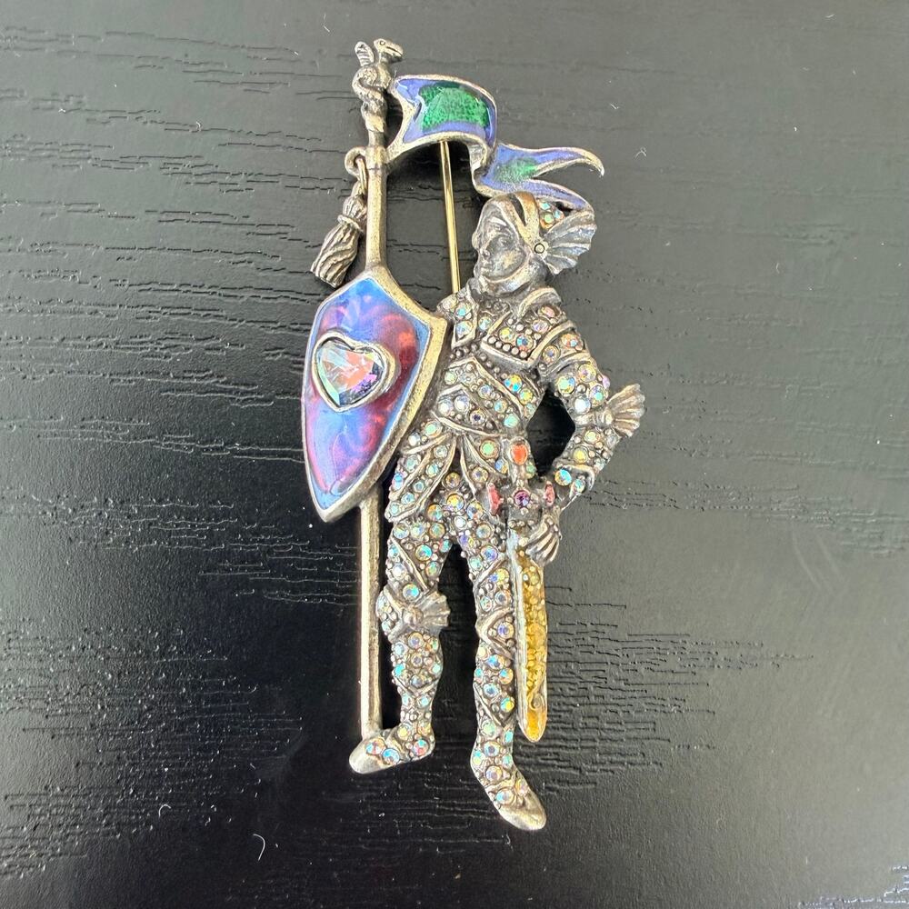 Vintage Kirk's Folly "Lancelot" Knight Brooch Pin Silver-Tone AB Rhinestones
